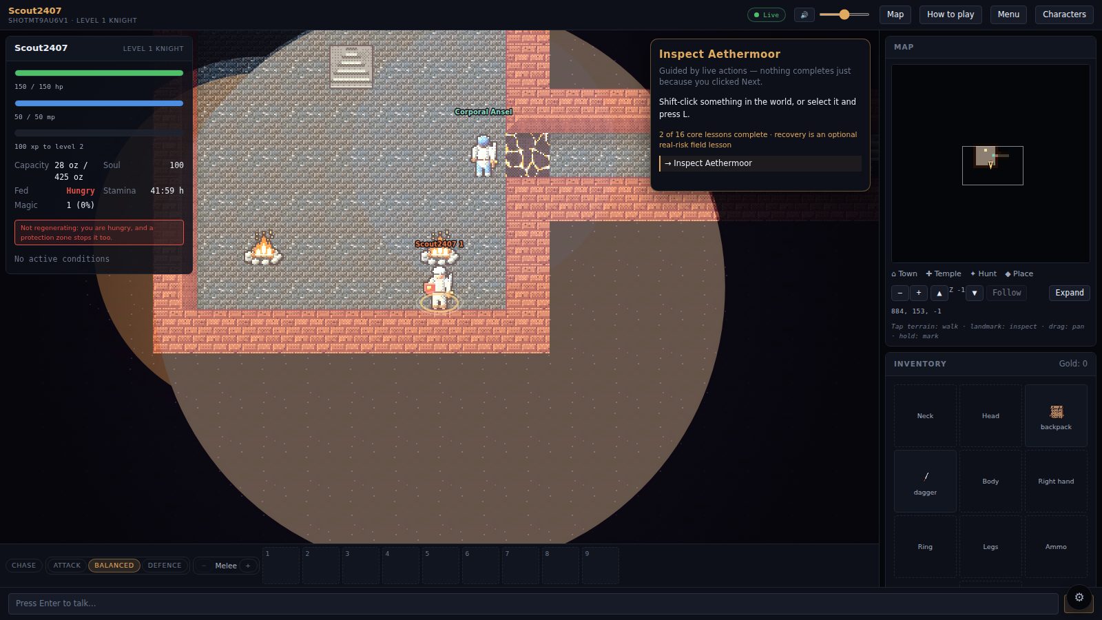 Actual Golemreach gameplay: a knight explores a torchlit stone chamber, with health, map and inventory panels.